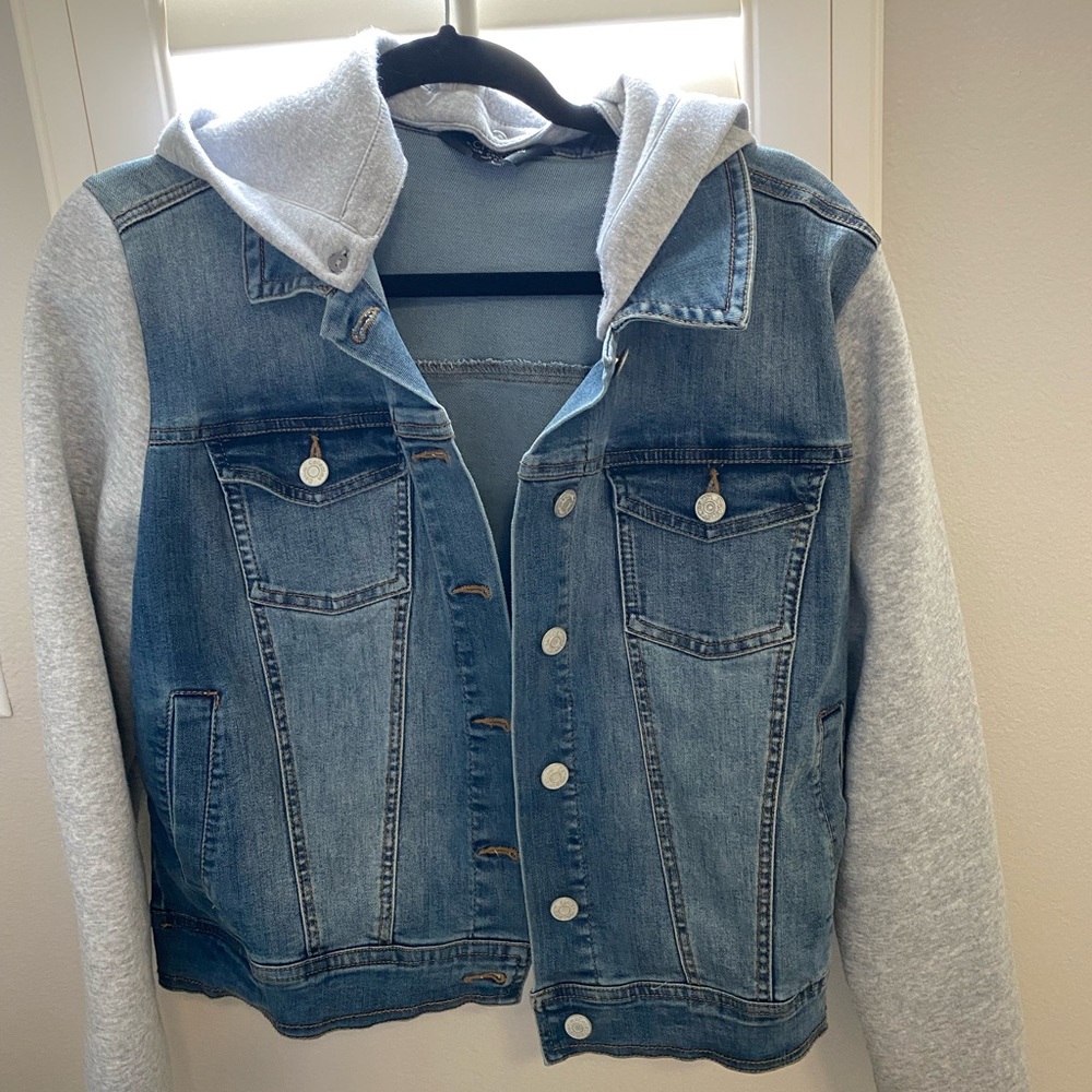 Awesome Distressed Denim Jacket with fleece sleeves and hood !!